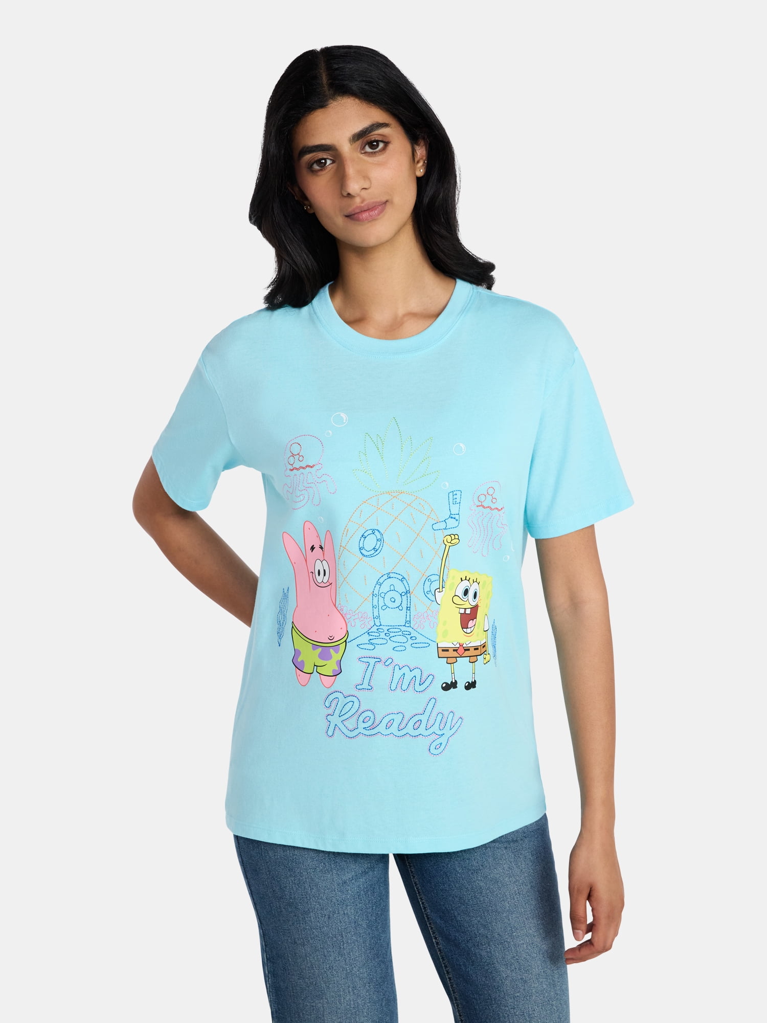 SpongeBob SquarePants Women's Embroidered Graphic Tee with Short Sleeves, Sizes XXS-XXL