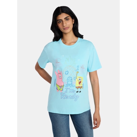 SpongeBob SquarePants Women's Embroidered Graphic Tee with Short Sleeves, Sizes XXS-XXL
