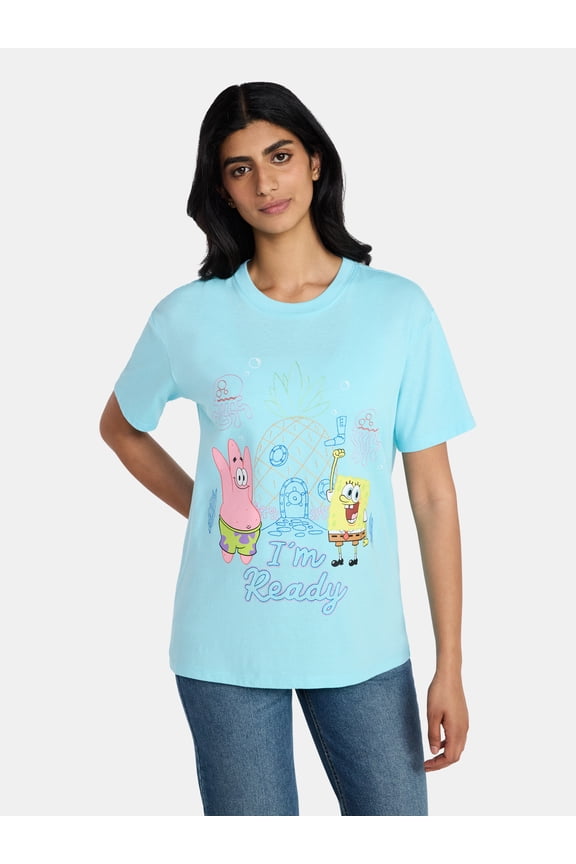 SpongeBob SquarePants Women's Embroidered Graphic Tee with Short Sleeves, Sizes XXS-XXL