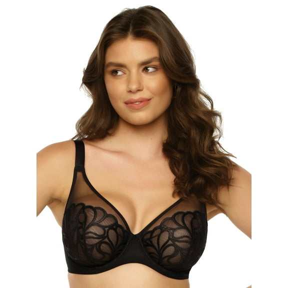 Paramour by Felina | Lotus Embroidered Unlined Bra | Ultra-Light (Black, 32C)