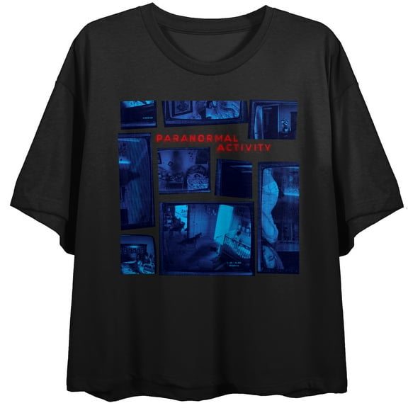 Paranormal Activity Blue Video Footage Collage Women's Black Crew Neck Short Sleeve Crop Top
-Medium