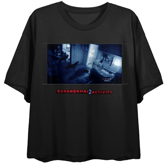 Paranormal Activity Child & Dog Blue Screen Footage Women's Black Crew Neck Short Sleeve Crop Top