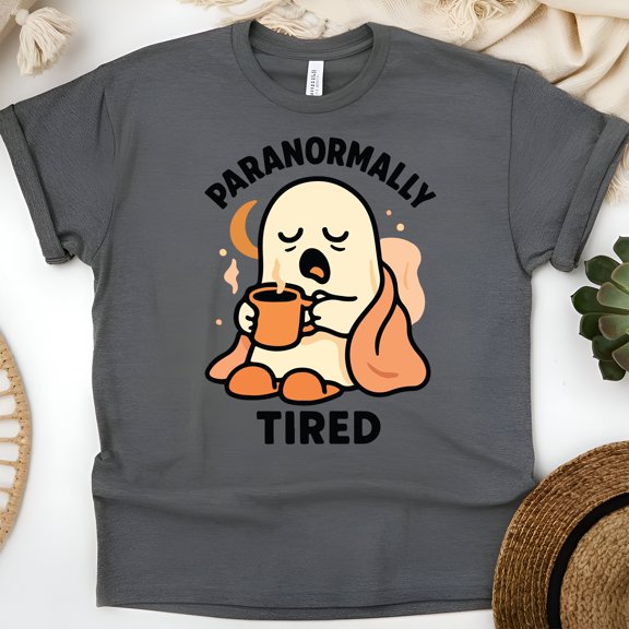 Paranormally Tired Shirt | Funny Ghost Graphic Tee | Unisex Casual T-Shirt, Dark Heather, Size M