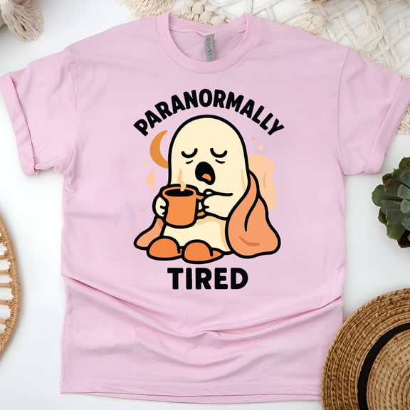Paranormally Tired Shirt | Funny Ghost Graphic Tee | Unisex Casual T-Shirt, Light Pink, Size 2XL