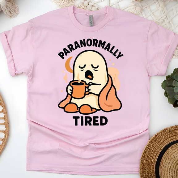 Paranormally Tired Shirt | Funny Ghost Graphic Tee | Unisex Casual T-Shirt, Light Pink, Size L