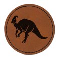 thumbnail image 1 of Parasaurolophus Dinosaur 2.5" Faux Leather Round Engraved Iron-On Patch - Brown, 1 of 6