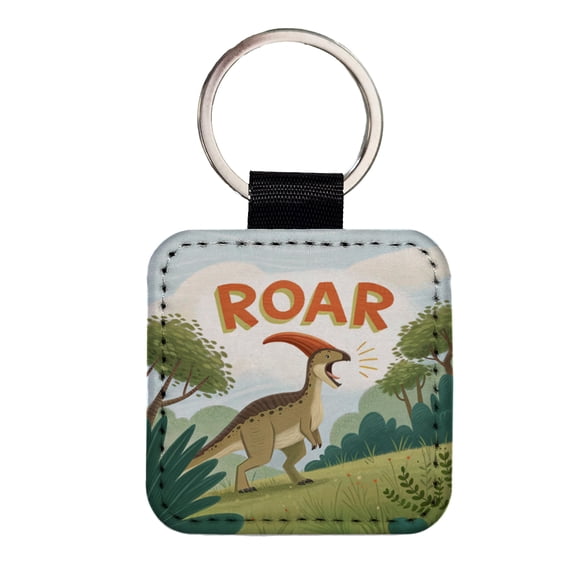 Parasaurolophus With Roar Bold Dinosaur Faux Leather Square Keychain
