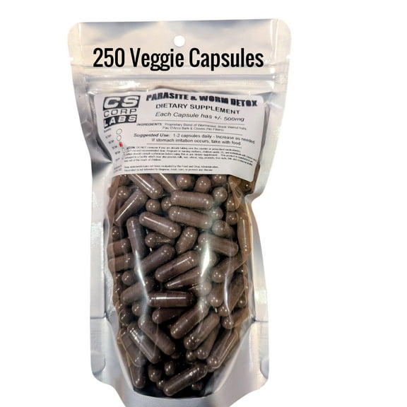 Parasite & Worm Veggie Capsules - Perfectly Blended Wormwood w/Cloves, Black Walnut & Pau D'Arco, 500mg, 250 pcs.