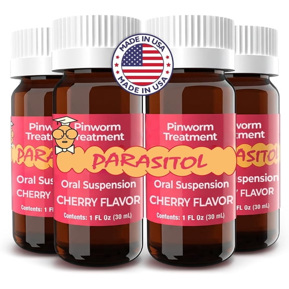 PARASITOL Pinworm Medication | Pyrantel Pamoate Liquid | Cherry Flavor | Adults & Kids 2+| 4 Fl Oz | 4-Pack