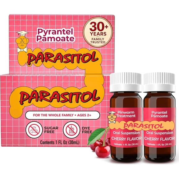 Parasitol Oral Suspension with Pyrantel Pamoate, Liquid Formula for Pinworms, per Ages 2+, Cherry Flavor, 2 fl oz, (2 Pack)