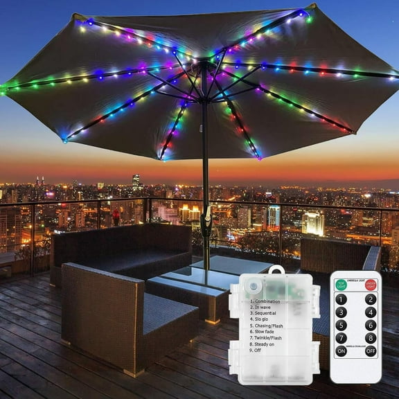 Parasol Lights, 104 LED Waterproof Battery Operated Umbrella String Lights with Remote Control, 8 Modes Outdoor Umbrella Light for Patio, Garden