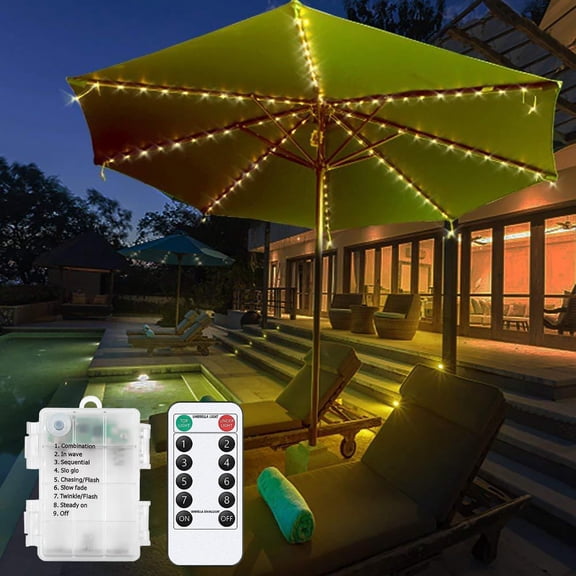 Parasol Lights, 104 LED Waterproof Battery Operated Umbrella String Lights with Remote Control, 8 Modes Outdoor Umbrella Light for Patio, Garden