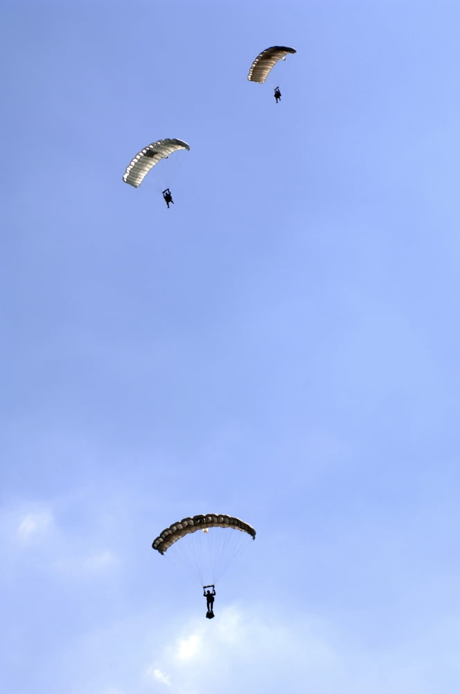 Paratroopers from the Pathfinder Platoon descend through the sky Canvas Art - Andrew ChittockStocktrek Images (12 x 17)