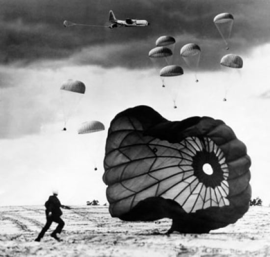 Paratroopers parachuting from a military airplane Canvas Art - (24 x 36)