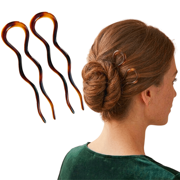 Parcelona French 2pc Wavy U Shape Hair Pin Cellulose Acetate 5" Chignon Bun Pins (Shell)