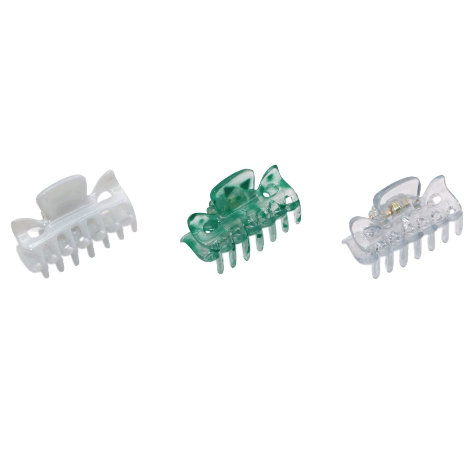 Parcelona French Classic 1.5" Small Celluloid Set of 3 Hair Claws for Women (Clear-White-ShadowGreen)