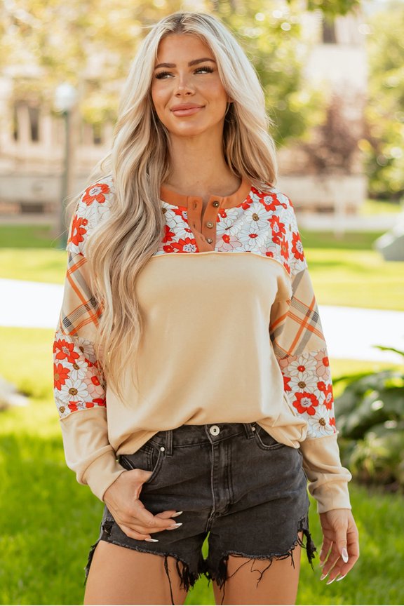 Parchment Floral Plaid Patchwork Casual Top