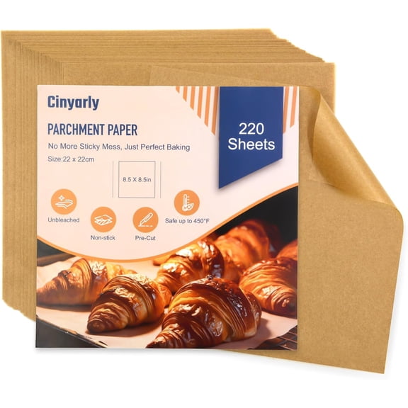Parchment Paper Sheets 8.5x8.5 Inch, Precut Unbleached Non-Stick Baking Parchment, Oil & Water Resistant for Air Fryer, Baking, Steaming, Grilling, 220 Count (8.5 x 8.5in-220PCS)