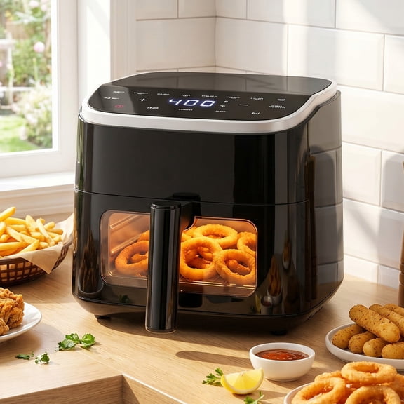 Parcus 4QT See-Through Window Air Fryer – 1500W Digital Touchscreen, 8 Cooking Modes, 60-Min Countdown Timer, Safety Auto Shut-off, Effortless-Clean Nonstick Basket, Up to 400°F – Black