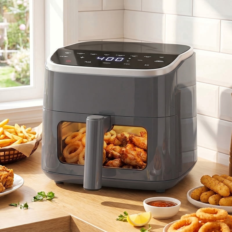 Parcus 4QT Air Fryer with See-Through Window – 1500W, Digital Touchscreen, 8 Modes, 60-Min Timer & Auto Shut-off, Nonstick Basket (Easy-Clean), 400°F Max – Gray