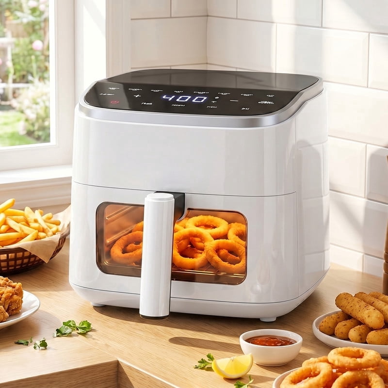 Parcus 4QT See-Through Window Air Fryer – 1500W Digital Touchscreen, 8 Cooking Modes, 60-Min Countdown Timer, Safety Auto Shut-off, Effortless-Clean Nonstick Basket, Up to 400°F – White