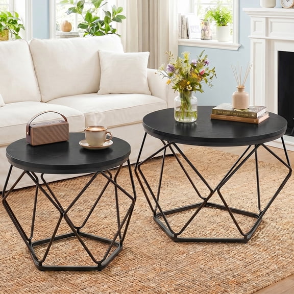 Parcus Set of 2 Round Nesting Tables, Modern Geometric Coffee Table with Hidden Storage, Movable Side End Tables for Living Room Organization & Style – Black