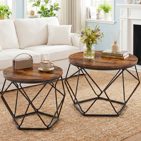 Parcus Set of 2 Round Nesting Tables, Modern Geometric Coffee Table with Hidden Storage, Movable Side End Tables for Living Room Organization & Style – Brown
