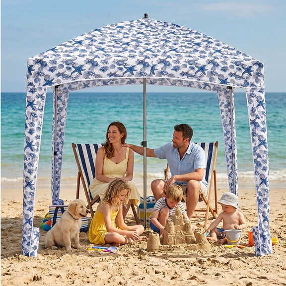 Parcus Whole Family Sun Shade, 6x6ft Portable Cabana with Detachable Wind Wall, UPF 50+ UV Defense, Easy-Assemble Beach Tent, Foldable Shelter, Starfish Shell