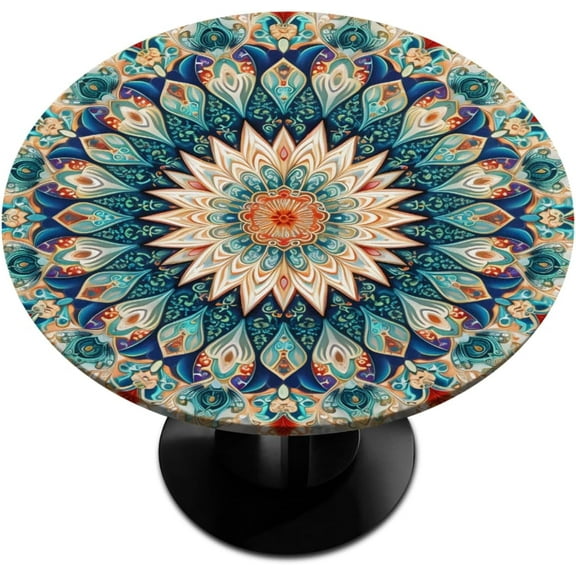 Pardick Ethnic Mandala Round Fitted Tablecloth Indian Mandala Round Table Cover with Elastic Edge Waterproof Wipeable Circle Outdoor Table Cloths for Party Patio Kitchen Decor Fit 52" Tables Pad