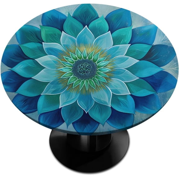 Pardick Teal Flower Round Fitted Tablecloth Mandala Floral Round Table Cover with Elastic Waterproof Wipeable Circle Outdoor Table Cloths for Party Patio Kitchen Decor Fit 52" Tables Pad