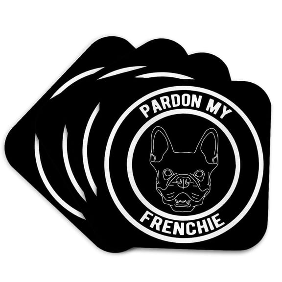 3drose, Pardon My Frenchie in a Circle with French Bulldog on Black Background, Set of 4 Coasters - Soft