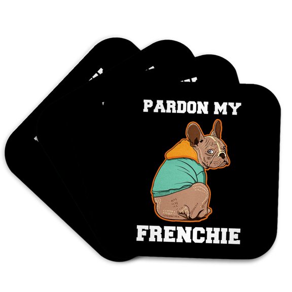 3drose, Pardon My Frenchie with Cute French Bulldog in a Sweatshirt on Black., Set of 4 Coasters - Soft