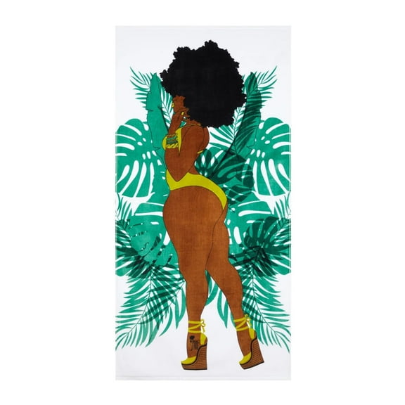 Pardon My Fro June Large Plush Cotton Beach Towel for Women, White & Green, 30" x 60", 1 Piece