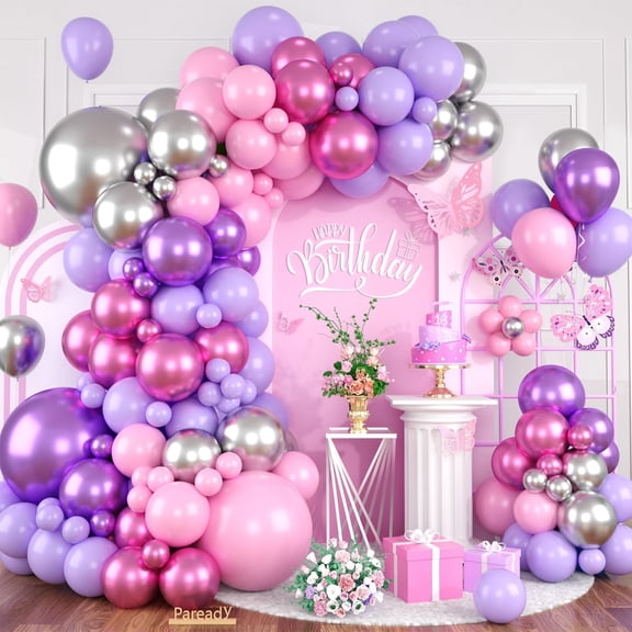 Paready Butterfly Arch, 120 Pcs Pink Purple Arch Garland, Metallic Silver Purple Hot Pink Latex Balloons for Valentine Wedding Baby Shower Garden Girls Women Birthday Party Decorations Y114