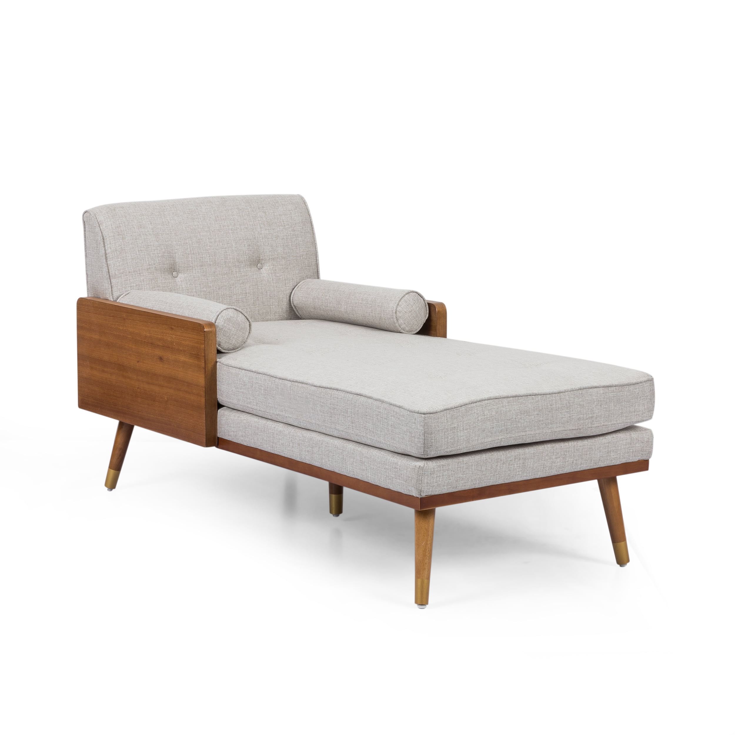 Beige and Dark Walnut Mid-Century Modern Fabric Chaise Lounge