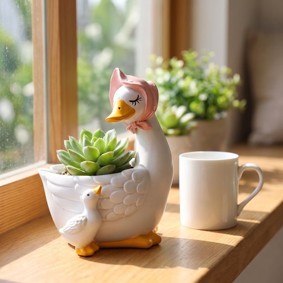 Parent and Baby Goose Resin Flower Pot Figurine, Creative Animal Planter Ornament, Sweet Decor Vessel for Desktop s, Balcony Green Plants and Courtyard Garden Landscape Decoration