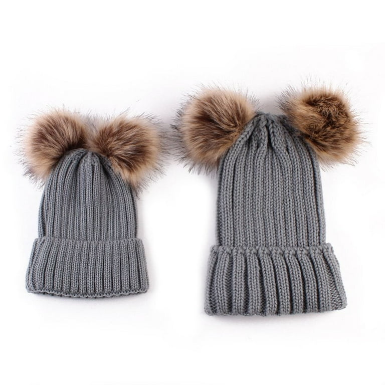 LOKIDVE 2PCS Parent-Child Fur Popo Knit Hat O Baby Winter War