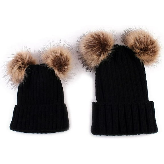 Parent-Child Beanie Hat, Mother Baby Winter Knitted Warm Hat Pom Pom Crochet Beanie Cap for Outdoor, for Kids Black