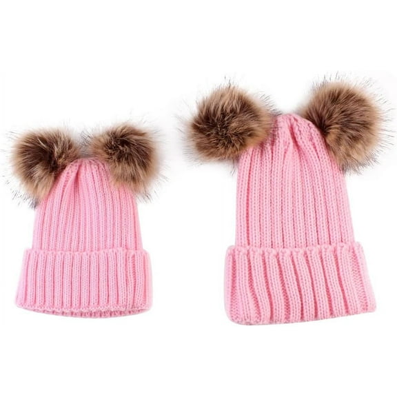 Parent-Child Beanie Hat, Mother Baby Winter Knitted Warm Hat Pom Pom Crochet Beanie Cap for Outdoor, for Kids Light Pink