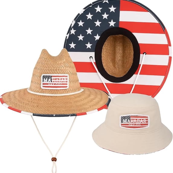 Parent-Child Matching American Flag Sun Hat Set – Adult Straw Lifeguard Hat + Kids Reversible Bucket Hat, UPF 50+ Sun Protection – Family Beach & Travel Combo for Ages 3+