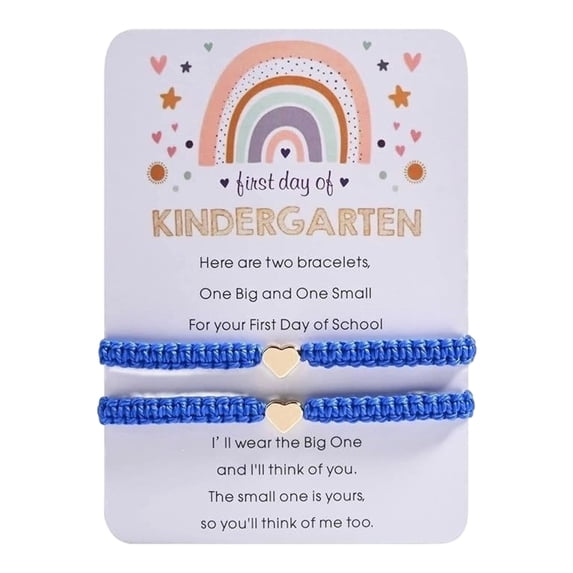 Parent Child Matching Heart Bracelets with Greeting Card, Blue Woven Wristband Set for First Day of School