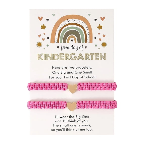 Parent Child Matching Heart Bracelets with Greeting Card, Rose Red Woven Wristband Set for First Day of School