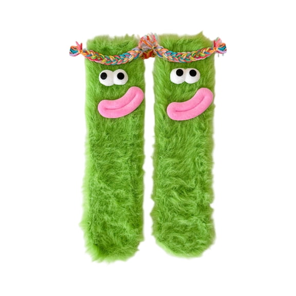 Parent Child Socks Cartoon Big Sausage Mouth Floor Socks Cute Plush Warm Parent-child Socks - Green