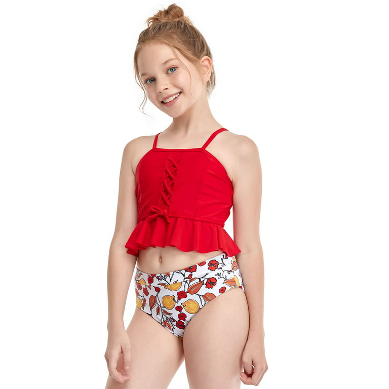 Bright Red Girl's Swimwear, Solid Color Print Kids Swimsuit-Made in USA/EU  (US Size: 2T-7)