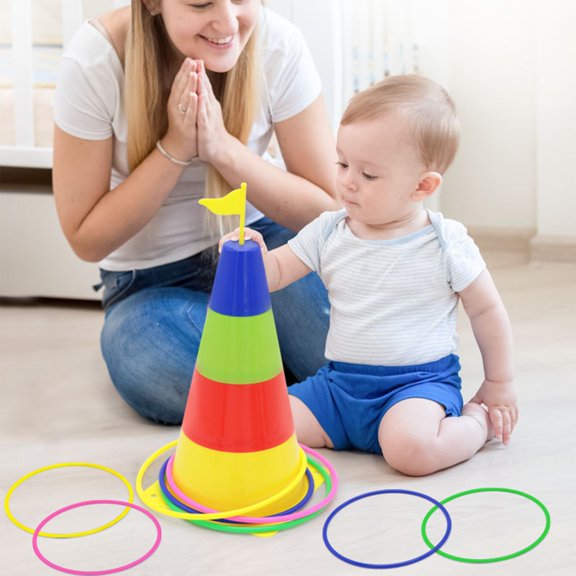 Parent-child Interactive Ring Toss Game Set,Indoor Outdoor Sports Props,Foldable Storage Easy Assembly,Color Cognition Hand-eye Coordination Training Educational Toy