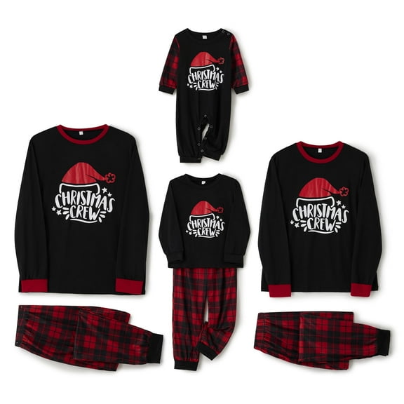 Parent-child Pajamas Letter Christmas Hat Printed Long-sleeved Round Neck Tops   Plaid Pants Family Matching Christmas Pajamas Set