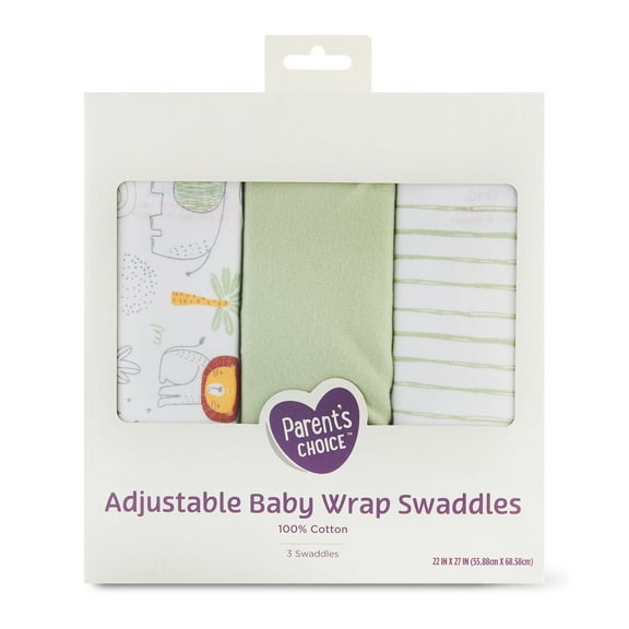 Parent's Choice 100% Cotton 3-Pack Adjustable Baby Wrap Swaddles for Boys or Girls, Jungle Print, 22" x 27"