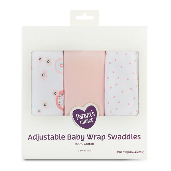 Parent's Choice 100% Cotton 3-Pack Adjustable Baby Wrap Swaddles for Girls, Rainbow Print, 22" x 27"