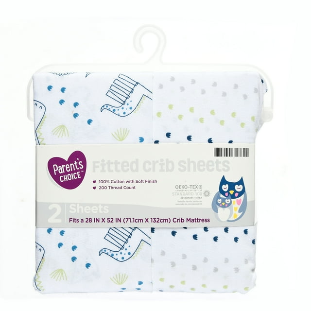 Parent's Choice 100 Cotton Fitted Crib Sheets, 2Pack, Dino Blue