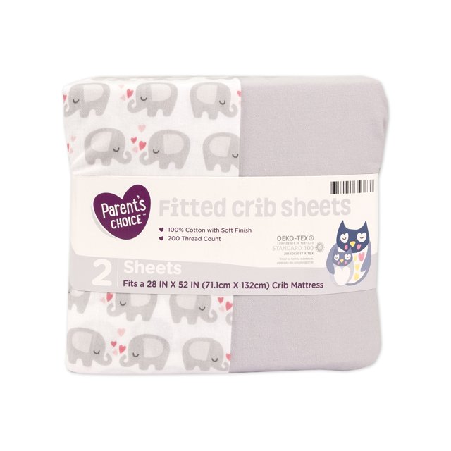 Parent's Choice 100 Cotton Fitted Crib Sheets, 2pack, Elephant